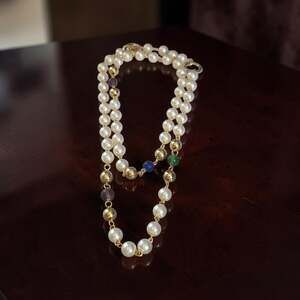 Gay Boyer  Pearl Station Necklace with Gold  Beads and Multi-Color Accents